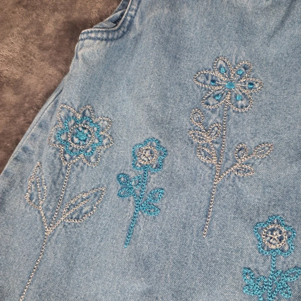 VTG Miniwear Baby Girls 12M‎ Blue Denim Floral Embroidered Jumper Cottagecore